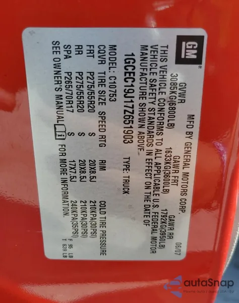 2007 Chevrolet Silverado C1500 from USA, damaged, VIN 1GCEC19J17Z651903